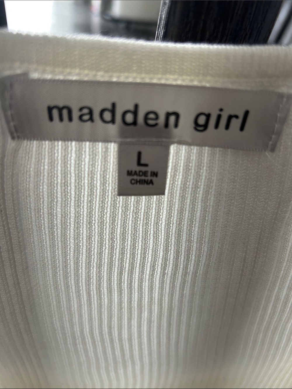 Madden Girl White Ribbed Top with Pearl-Embellished Sheer Sleeves - Picture 2 of 4